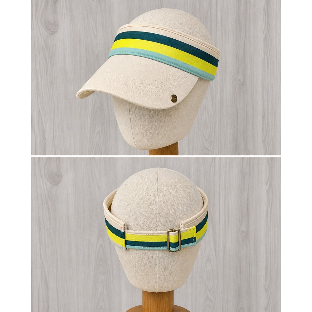 Mersea Sun Visor Women Cream Yellow Teal Striped Cotton Twill Adjustable Hat NWT